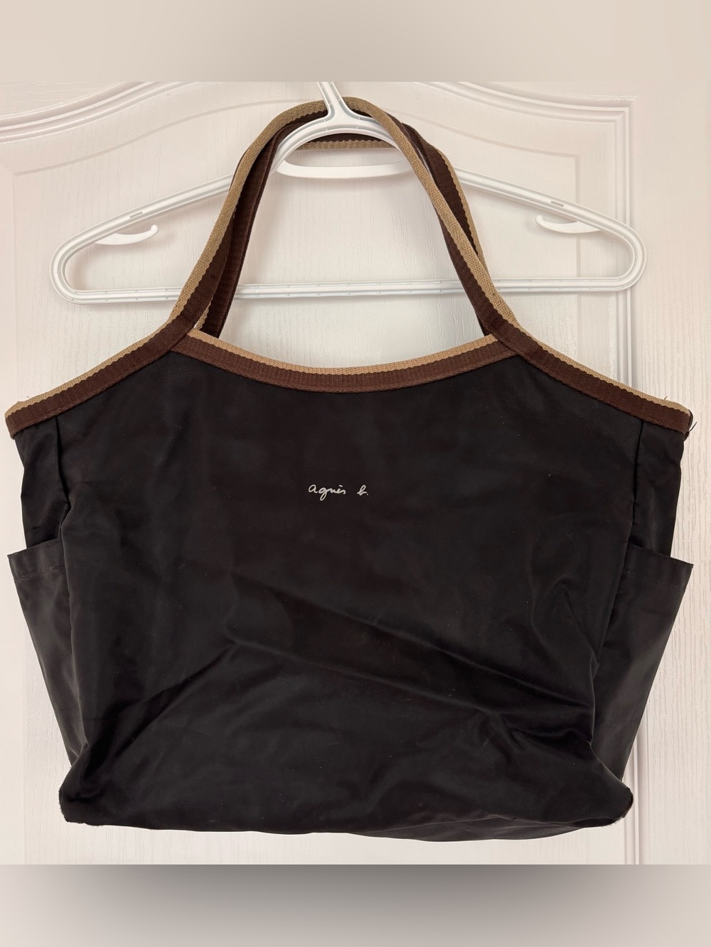 Agnes B. Black Tote Bag with Brown Trim and Tan Handles